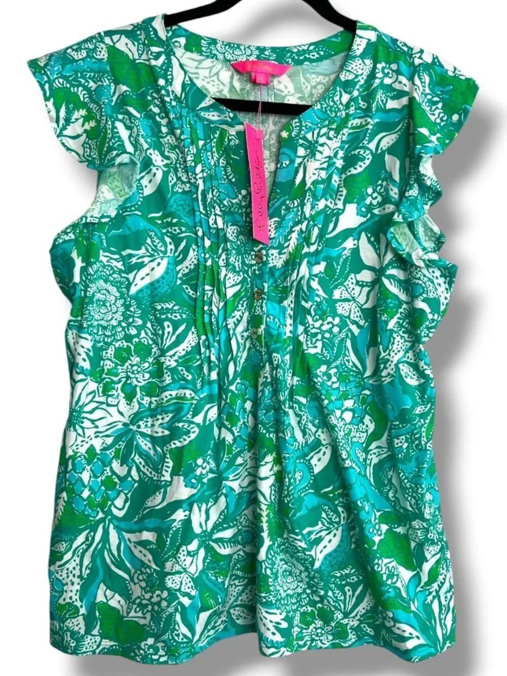 NWT Lilly Pulitzer Golda Top Botanical Green Safari Sangria Flutter Shirt Size M